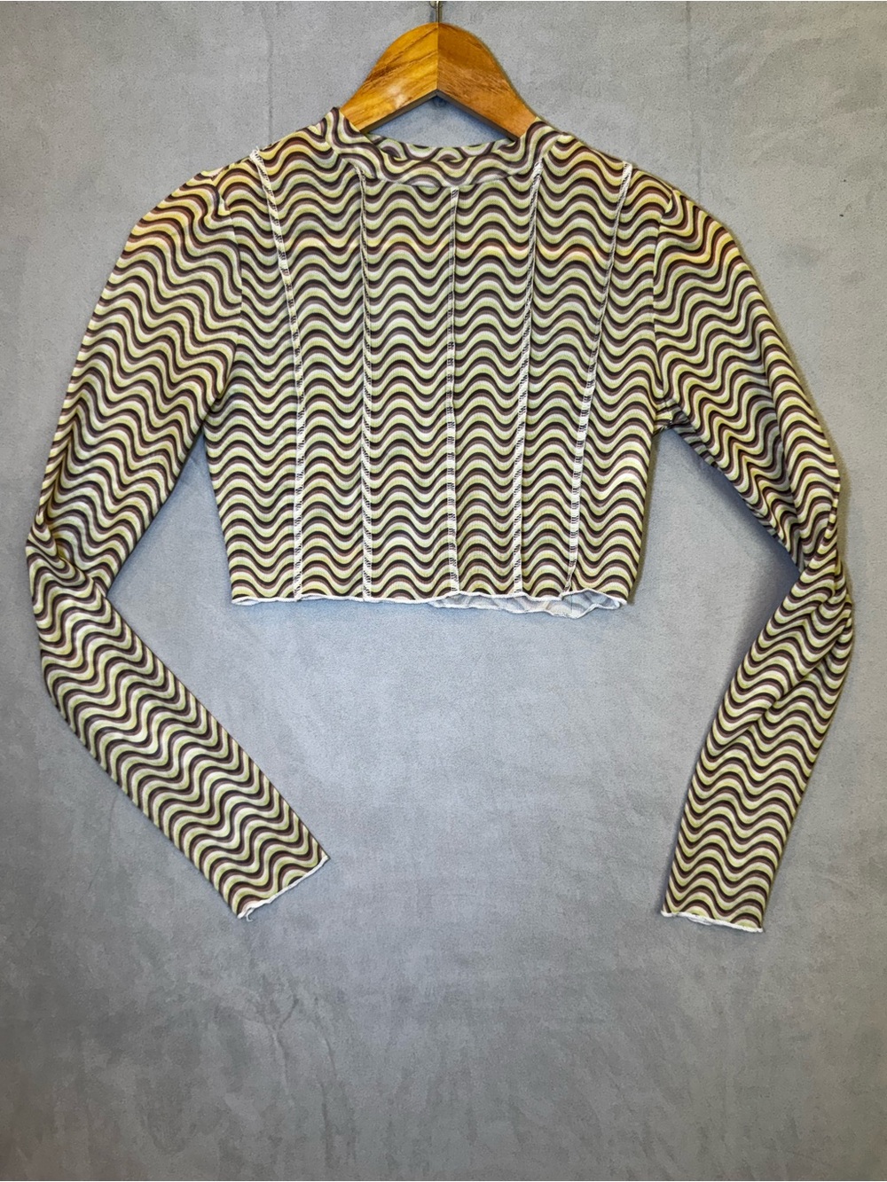 Peppermayo Sheer Mesh Crop Top US 8 Green Brown Psychedelic Y2K Long Sleeve